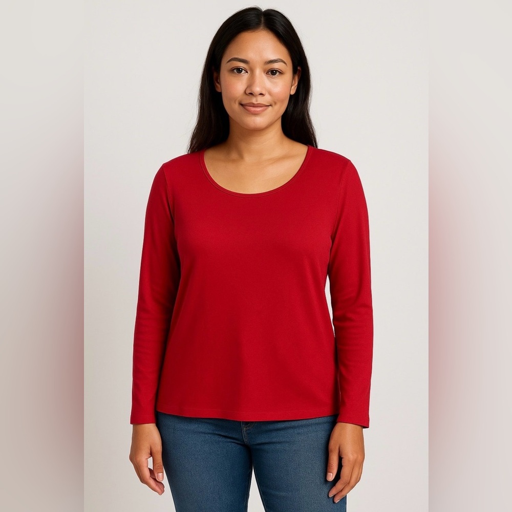 Liz Claiborne‎ Red Long Sleeve Scoop Neck Tee Women’s XL 100% Cotton